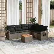 7 Piece Garden Sofa Set with Cushions, Comfortable Grey Poly Rattan for Outside Patio, Porch and Backyard Seating Furniture