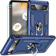 [Yiakeng] for Google Pixel 6A Case: with Screen Protector - Military Grade Protective Cases with Finger Ring Holder Kickstand for Pixel 6A Case(Blue)