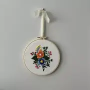 Hand Embroidered Needlework Floral Wall Hanging With Ribbon Accent Handmade