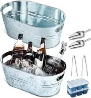 2Pcs Galvanized Beverage Tubs Insulated Drink Tub with2 ice Boxes 2 Pcs Ice Scoop and 2 Pcs Stainless Steel Tongs Cold Beer Galvanized Beverage Ice Home Parties, 4 Gallons (Silver, Classic Style)