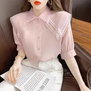 短袖襯衫女2023年新款夏季粉色娃娃領雪紡拼接網紗心形扣甜美上衣
