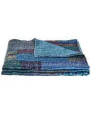 LR Home Color Block Blue Kantha Throw Blanket