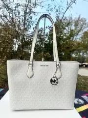 Michael Kors Sheila Tote Leather Optic White Large Zip tote Mk Logo Handbag