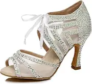 [Minishion] Ballroom Shoes Women Mesh Ribbon Tie Dance Sandals with Rhinestone