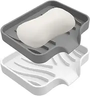 Vekol Soap Dishes with Drain Spout, 2PCS Silicone Soap Holder Waterfall Drainer Soap Saver, Sponge Holder, Dish Soap Tray for Shower, Bathroom, Kitchen, Bath Tub, Razor (Grey + White)
