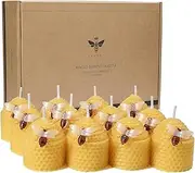 DEYBBY Natural Beeswax Candles Bulk Set of 12, Small Bee Votive Candles with Little Bee Decorations as Gift (Yellow)