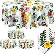 Oudain 6 Pcs Hawaiian Tablecloth 84 Inch Tropical Palm Leaves Flower Round Table Cloth Plastic Disposable Floral Circular Luau Tablecloth Waterproof Summer Table Cover for Beach Camping Picnic Party