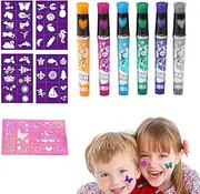 IOURVYA Tattoo Pens 6 Colours Glitter Set for Children, Glitter Tattoo for the Skin, Tattoo Pen with 5 Stencils, 50 Patterns for Boys and Girls Party Fancy Dress
