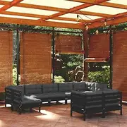 Generic 9 Piece Garden Lounge Set with Cushions Black Solid Pinewood,3097251