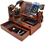 [KWYADLUO] Nightstand Organizer for Men with Large Drawer, Birthday Gifts for Men, Phone Docking Station, Bedside Organizer for Nightstand for Apple Watch, Laptop (Walnut, Solid Wood)