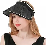 [Ｗoowayo] UPF 50+ Sun Visors for Women Wide Brim Beach Hat Foldable Straw Visor Hat Ponytail Summer Packable Black