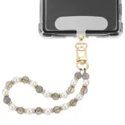 Phone Wrist Strap, Pearl Beaded Phone Charm with Tether Tab, Gray & White