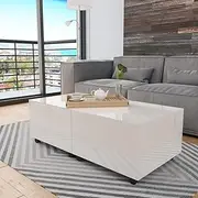White Coffee Table High Gloss Extendable, Wood Center Table with Storage, Rolling Wheels for Living Room, Bedroom, Small Spaces, Furniture