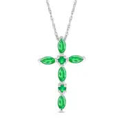 Marquise and Round Lab-Created Emerald Alternating Cross Pendant in Sterling Silver