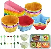 Silicone Cupcake Liners,50 Muffin Liners with 12 Food Picks for Kids and 2 Salad Dressing Container,5 Shapes Lunch Box Bento Dividers for Bento Box Accessories,baking