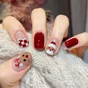 24PCS Christmas Press on Nails Xmas Short Fake Nails Cute Fingernails with Elk And Checkerboard Pattern Design Glossy False Nails Full Cover Acrylic Nails for Women or Girls