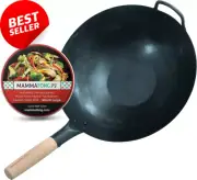 16" Carbon Steel Wok, Flat Bottom, Hand Hammered, No Coating