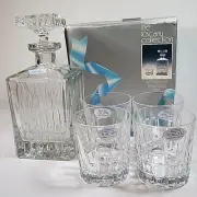 Emerald by Toscany Whiskey Set Hand Cut Crystal Glass Set of 4 Plus Decanter NOS