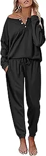 [Ekouaer] Pajamas Women's Waffle Knit Sleepwear Long Sleeve Top with Pants Casual Pjs Loungewear Set S-XXL
