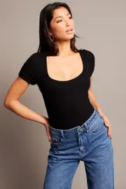 Black Bodysuit Short Sleeve Square Neck Modal - Size XXS, Women's Bodysuit