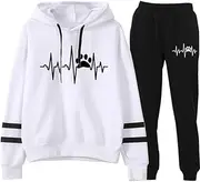 [YongXinMY] Women's Tracksuit Set with Hood and 3D Printed Sweatpants Set Heart Print Autumn Winter 2 Pieces