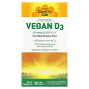 Country Life, Certified Vegan D3, 125 mcg (5,000 IU), 30 Vegan Softgels
