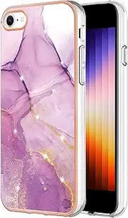 iPhone SE 2020 Case iPhone 8 Phone Case iPhone SE 2022 Case iPhone 7 Marble Silicone Shockproof Glitter Plated Gold Edges Protective Flexible TPU Rubber Skin Bumper Cover Girls Women, Dark Purple