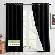 [KGORGE] 4-in-1 Soundproof Anti Dust 100% Blackout Curtains with Melt-Blown Layer Noise Reducing Thermal Insulating Window Drapes for Bedroom Nursery, W 52 x L 84, Black, 2 Panels