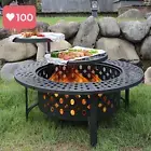 36-Inch Fire Pit with 2 Grills Lid Poker Waterproof Cover BBQ Outdoor for Patio