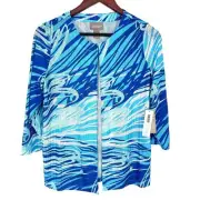 NEW Chicos 0 Small US 4/6 Stretchy Blue Tropical Ocean Cover Up Blouse Shirt Top