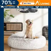 Large Calming Soft Plush Pet Bed for Dog Cat 90cm White Brown Cozy Comfort -WHBR