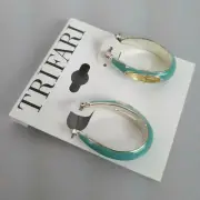 Vintage Trifari Teal Enamel Hoop Earrings Faceted Lucite Center New Old Stock