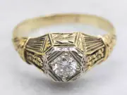 Art Nouveau Green Gold Mens Diamond Solitaire Ring