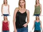 Women's V Neck Satin Cami Sleeveless Silky Smooth Shiny Tank Top Spaghetti Strap