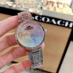 COACH手錶, 女錶 34mm 玫瑰金圓形精鋼錶殼 彩虹圈時分中二針顯示, 滿天星鑽圈錶面款 CH00059