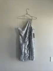 Aidan Mattox Women's Cocktail Dress Size 12 Silver Off the Shoulder Mini Sheath