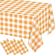 WNINK 3 Pack Orange and White Checkered Rectangular Plastic Tablecloths, Orange Gingham Waterproof Disposable Table Covers 54" x 108" for Birthday, Wedding, Outdoor Picnic Camping Parties