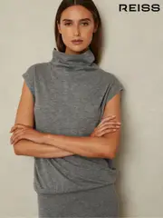 Reiss Grey Hester Petite Knitted Wool-Cashmere Blouson Top Midi Dress (AA3657) | $395