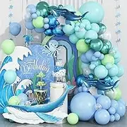 Under the Sea Balloon Garland Arch Kit, 91pcs Metalic Blue Green White Latex Balloon Shark Balloons Under The Sea Balloons Arch for Shark Ocean Birthday Party Decorations