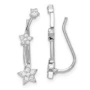 Sterling Silver Rhodium-Plated Polished Cz Three Star Ear Climber Earrings
