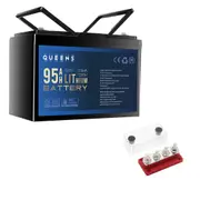 QUEENS 12V 1216Wh 100A Lithium Battery + Bus Bar M8 Power Distribution Terminal Block (4 GANG 300A Red)