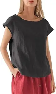 [Amazhiyu] Womens Linen Blouse, Summer 100% Linen Casual Cap Sleeve Tops Basic Loose Fit Womens Top