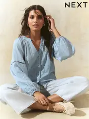Light Blue Button Down Long Sleeve Doublecloth Blouse (AV3569) | $25