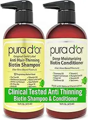 [PURA D'OR] Anti-Thinning Biotin Shampoo and Conditioner, CLINICALLY TESTED Proven Results, DHT Blocker Thickening Products For Women & Men, Color Treated Hair, Original Gold Label Hair Care Set 16oz x2
