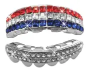 Iced Silver Plated Metal Teeth Grillz Set CZ Dominican Red White Blue Stones