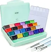HIMI Gouache Paint Set, 24 Colors x 30ml Unique Jelly Cup Design,with 3 Pieces Hog Bristle Paint Brushes,Portable Case with Palette for Artists,Gouache Watercolor Painting(Green)