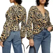 Topshop Sz 2 NWT Leopard Print Twist Front Balloon Sleeve Blouse Date Night Top