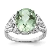 Sterling Silver Rhodium Oval Checker-Cut Green Quartz u0026 Natural Diamond Gemstone Birthstone Ring Fine Jewelry Gift for Her