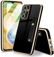 for Samsung Galaxy A04s (6.5 Inch) Case,[2 in 1] with 2.5D Clear Tempered Glass Screen Protector, A13 5G Luxury Plating Soft Smooth Wrist Strap Stand Cover