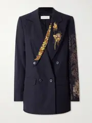 [Dries Van Noten] Dries Van Noten - Double-breasted Embellished Wool And Linen-blend Blazer - Blue - 44 44 Blue